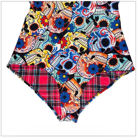 Sugar Skull Floral Swimsuit 4X Fits Like 2X One Piece Plaid Trim Halter Retro - Picture 4 of 8